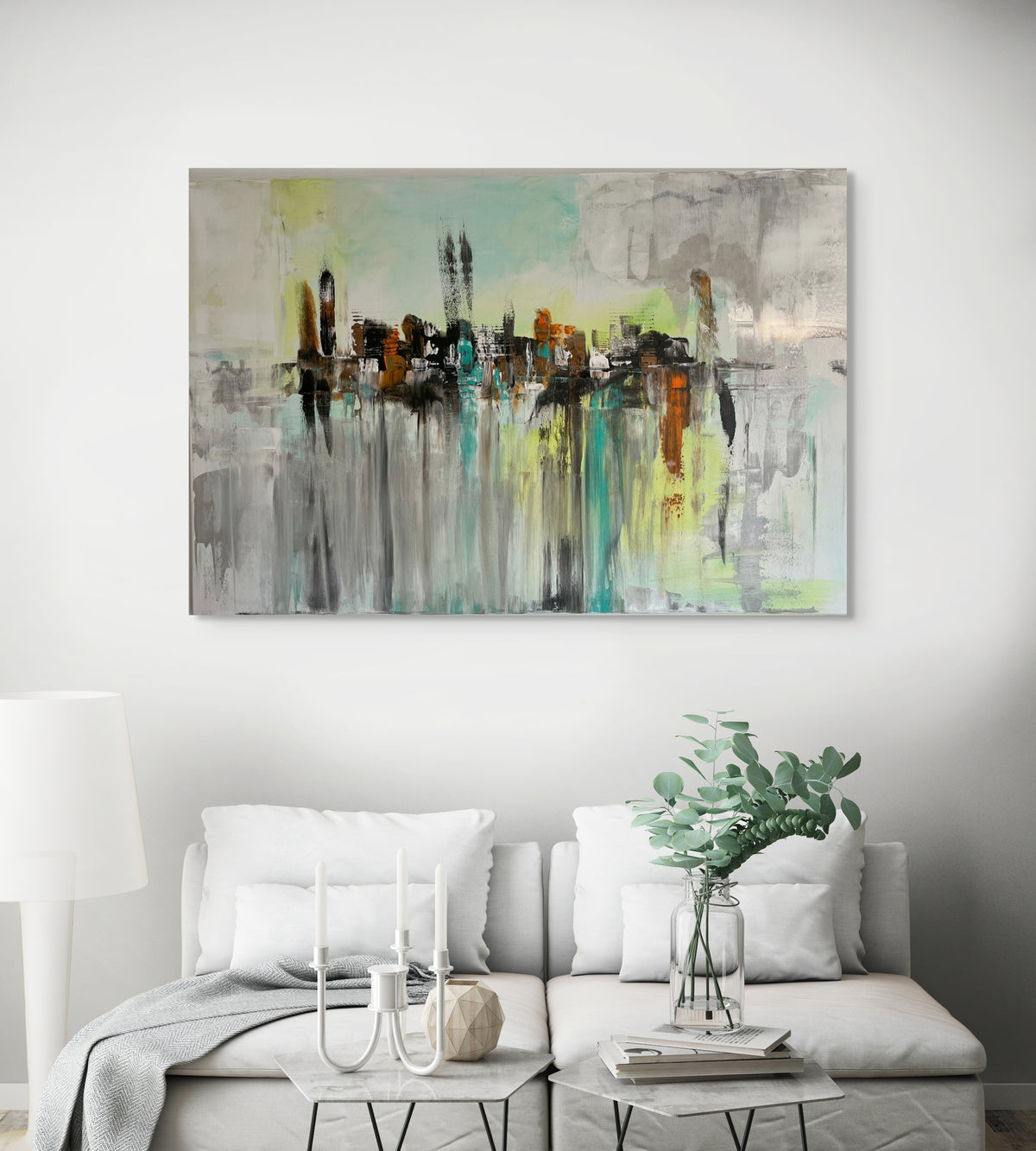 large abstract painting City modern wall art with figures in contemporary living room interior